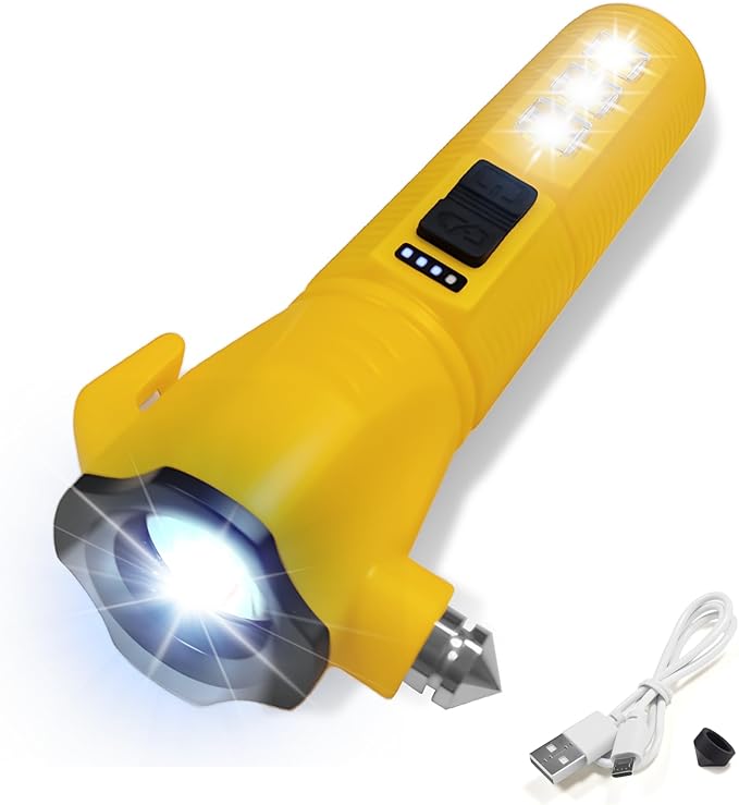 Emergency Car Flashlight - 2000 Lumen Dual Light 4-Level Battery Indicator Window Breaker & Seatbelt Cutter USB Rechargeable 