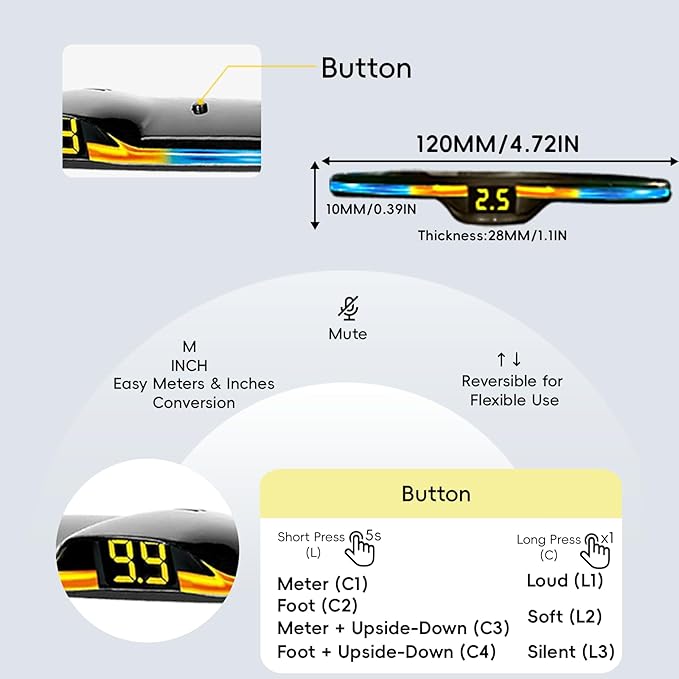 New Features Forward and Reverse Parking sensors, Option to Measure Distance in inches, bidirectional Display Option, and Cus