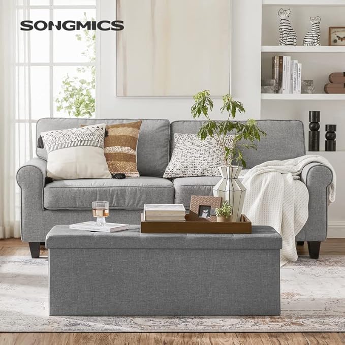 SONGMICS MAZIE Collection - 43 Inches Folding Storage Ottoman Bench, Ottoman Foot Rest, End of Bed Bench, Storage Chest, Load