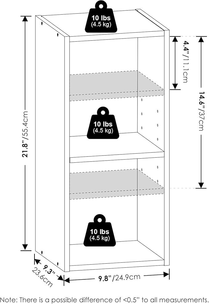 Furinno Fulda Book Shelf, 2-Tier Narrow Bookshelf, Bookcase with 10-in Width Storage Shelf, 9.3 x 9.8 x 21.2, for Living Room