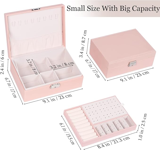 Jewelry Box for Women Girls, 2 Layers Jewelry Organizer Container with Lock, PU Leather Storage Case with Removable Tray, Jew