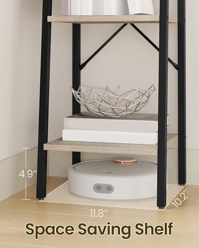 Hzuaneri Ladder Shelf, Bookshelf Bookcase, Freestanding Corner Storage Shelve with 2 Hooks for Home Office, Living Room, Kitc