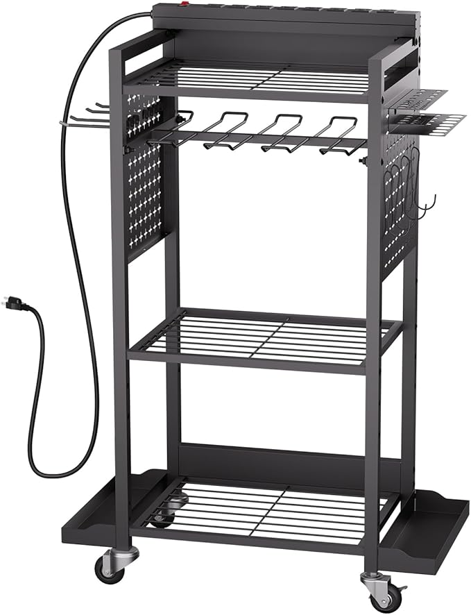 VEVOR 4-Tier Tool Organizer Cart with Charging Station, 8 AC Outlet, Floor Stand Rolling Drill Holder and Tool Battery Storag