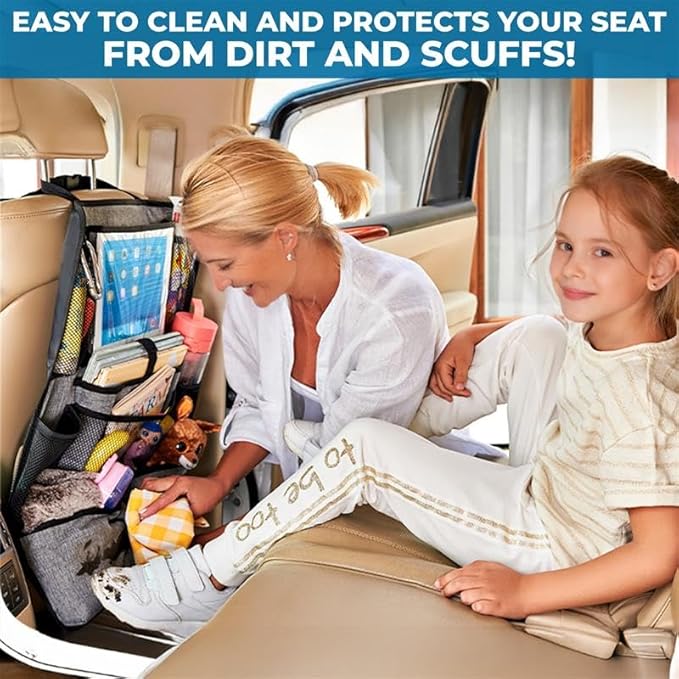 Econour Car Back Seat Organizer (2-Pack) | 600D Oxford Fabric with 9 Storage Pockets & Touch Screen Tablet Holder | Waterproof & Universal Fit Kick Mats | Durable & Eco-Friendly Seat Protectors (Grey)