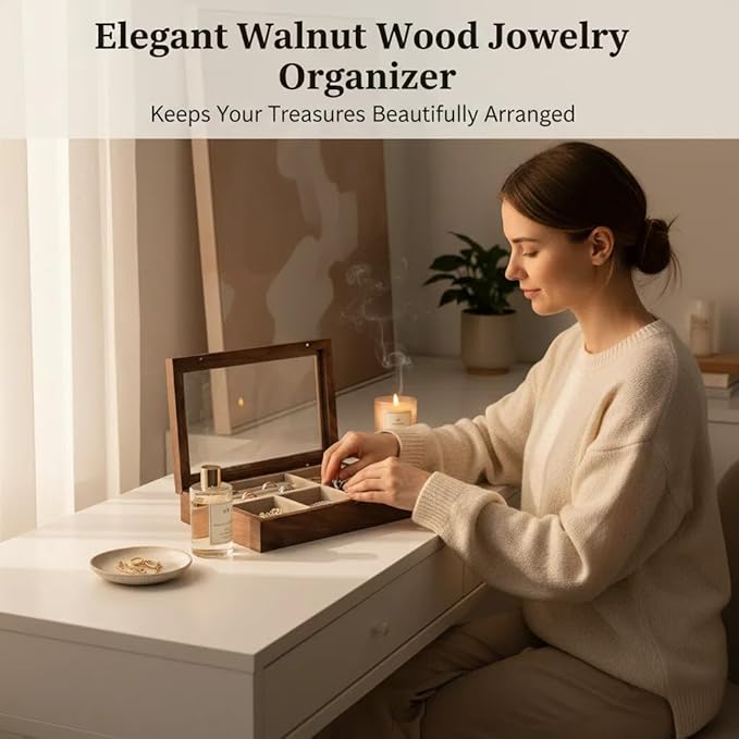 pandapark Wooden Jewelry Box with Glass Lid, Multi-Compartment Storage Display Case, Walnut Brown (Silver Walnut)