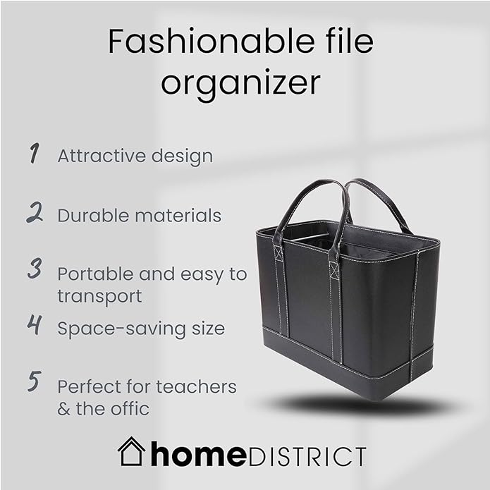 HOME DISTRICT Chic File Organizer Tote - Important Document Organizer Bag, Portable File Box with Handle, Black