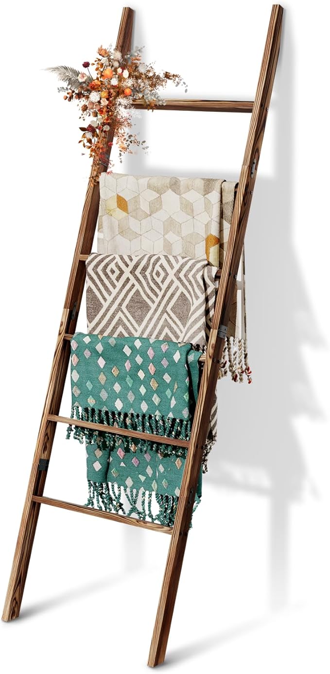 6-Tier Blanket Ladder Wooden, 5.7FT(66.5'') Blanket Quilt Towel Holder Rack Decorative Ladder, Easy Assembly, Rustic Farmhous