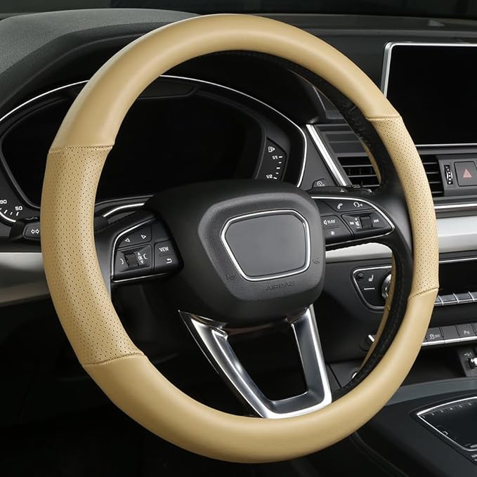 Cxtiy Genuine Leather Steering Wheel Cover with Ventilation Holes Luxury Cowhide,Breathable and Anti-Slip,14.5-15 inch(Beige)