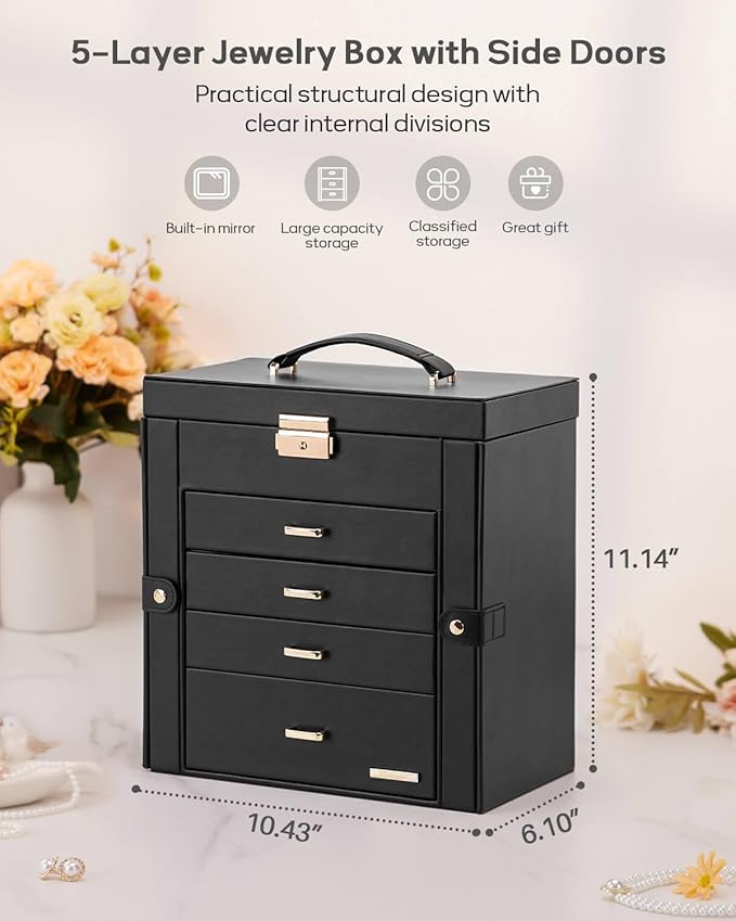 Homde Synthetic Leather Huge Jewelry Box Mirrored Watch Organizer Necklace Ring Earring Storage Lockable Gift Case (Black + G