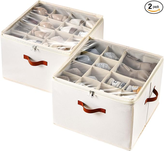 INSTY Shoe Organizer for Closet, 2 Pack Foldable Shoe Storage Containers, Fits up to 16-32 Pairs, Adjustable Dividers for Sho