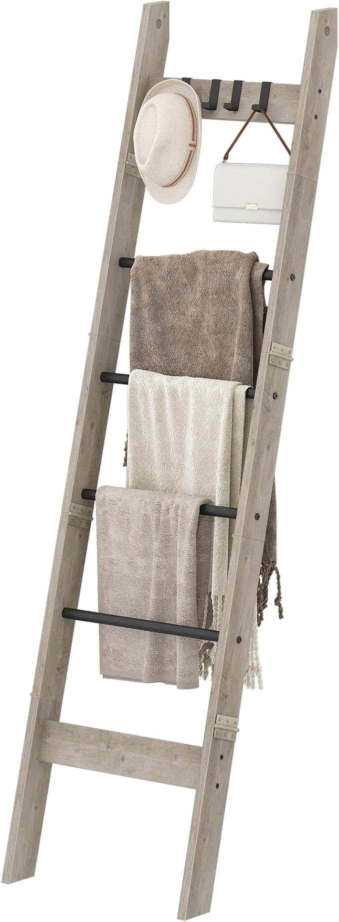Hzuaneri Blanket Ladder for Living Room, Decorative Quilt Rack with 4 Removable Hooks, 6-Tier Farmhouse Ladder Holder Shelf O