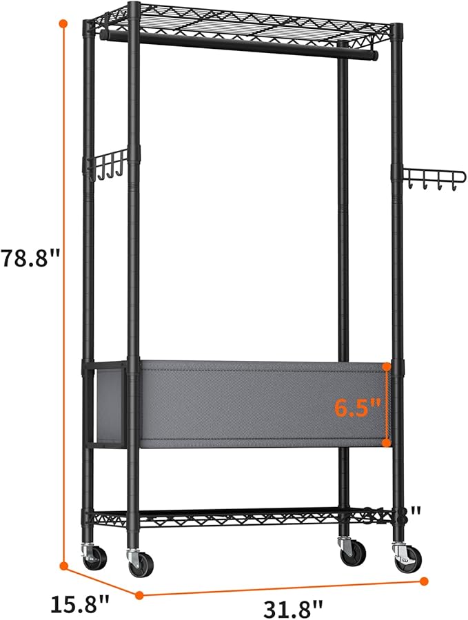 Heavy Duty Clothes Rack Rolling Garment Rack,3 Tier Adjustable Wire Shelving Clothing Racks for Hanging Clothes with Double R
