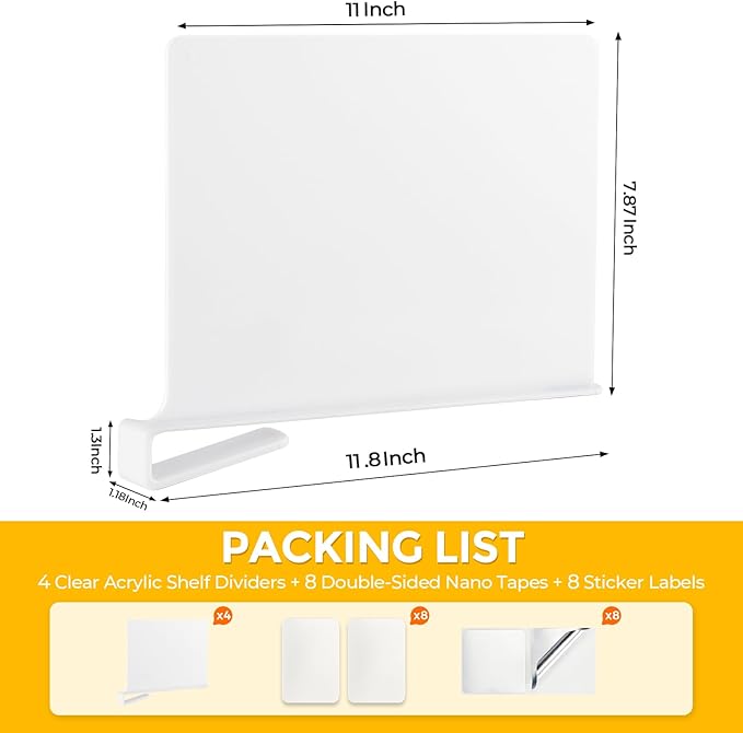 JOY DECOR 8 Pack Acrylic White Shelf Dividers for Closets Organizer and Storage Adjustable Vertical Wood Shelf Closet Separat