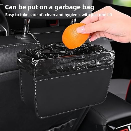Car Leather Trash Can for Headrest, Hanging Garbage Bin, Waterproof Foldable Stroage Organizer for Car, Multipurpose Interior Accessories for SUV Truck RV Camping(Black Seat headrest)