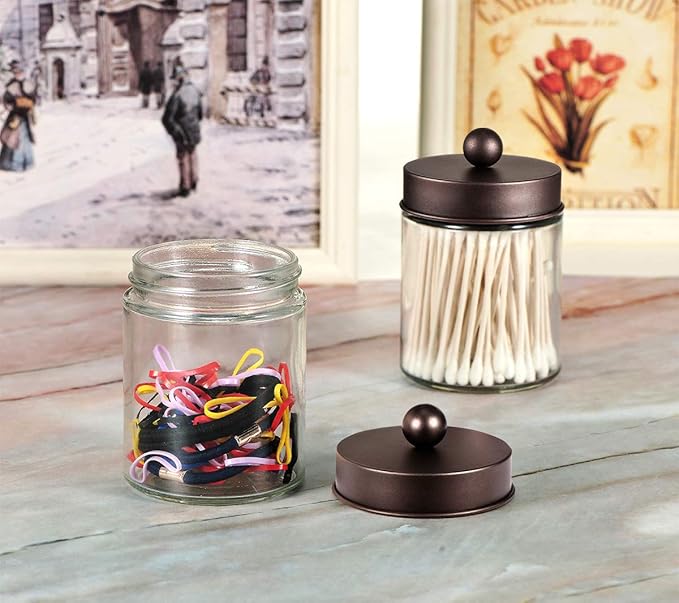 Amolliar 4Pc Apothecary Jars Bathroom Vanity Storage Organizer Set -Countertop Canister with Stainless Steel Lids &Cute Stick