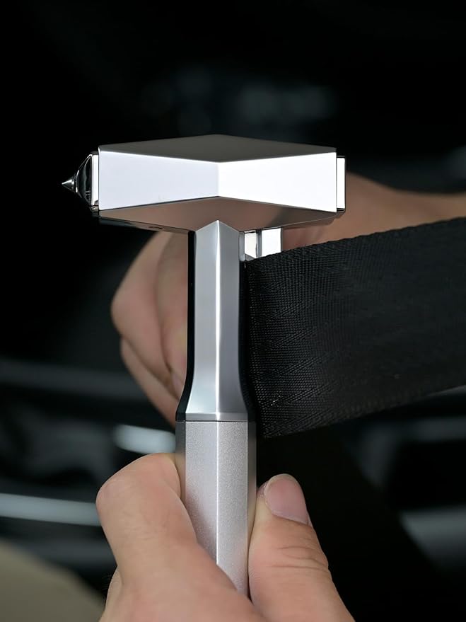 2-in-1 Car Safety Hammer and Seatbelt Cutter Shatters Double-Layer Laminated Glass, All-Metal Tesla-Inspired Design for Cars,