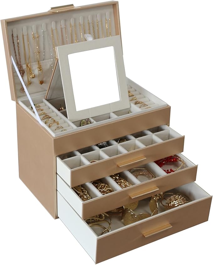 BOOVO Jewelry Boxes for Women, 5 Layer Jewelry Organizer with Necklace Hanger and Drawers, Large Jewelry Box for Earrings, Ne