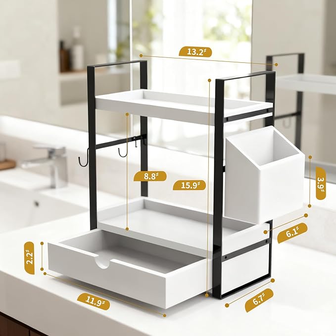 2-Tired Bathroom Counter Organizers and Storage, Bathroom Countertop Organizer with Drawer, Solid Wood Skincare Perfume Organ