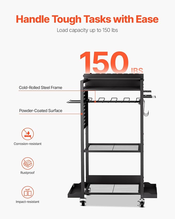 VEVOR 4-Tier Tool Organizer Cart with Charging Station, 8 AC Outlet, Floor Stand Rolling Drill Holder and Tool Battery Storag