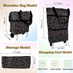 Collapsible Shopping Grocery Bag with Wheels Rolling Tote Bag with Wheels Large Reusable Shopping Bags Foldable Cart(Black Flower,Large)