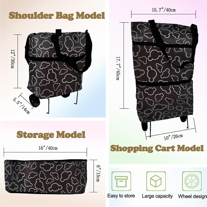 Collapsible Shopping Grocery Bag with Wheels Rolling Tote Bag with Wheels Large Reusable Shopping Bags Foldable Cart(Black Flower,Large)