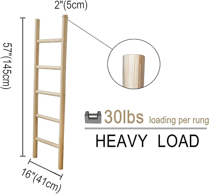 Wooden Blanket Ladder - 57in Natural Wood Color- Leaning Wall Decor for Bedroom, Bathroom, Living Room - Rustic Quilt Holder 