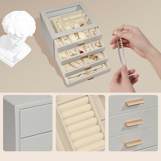 Jewelry Box with Glass Lid, 4-Layer Jewelry Organizer for Women Girls, PU Leather Display Case with 20-Grid Earring Tray & Mo