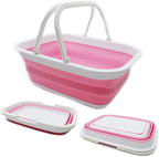 SAMMART 9.2L (2.37Gallon) Collapsible Tub with Handle - Portable Outdoor Picnic Basket/Crater - Foldable Shopping Bag - Space Saving Storage Container (1, White/Pink)