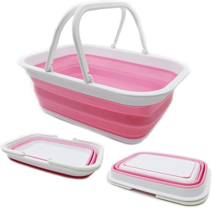 SAMMART 9.2L (2.37Gallon) Collapsible Tub with Handle - Portable Outdoor Picnic Basket/Crater - Foldable Shopping Bag - Space Saving Storage Container (1, White/Pink)