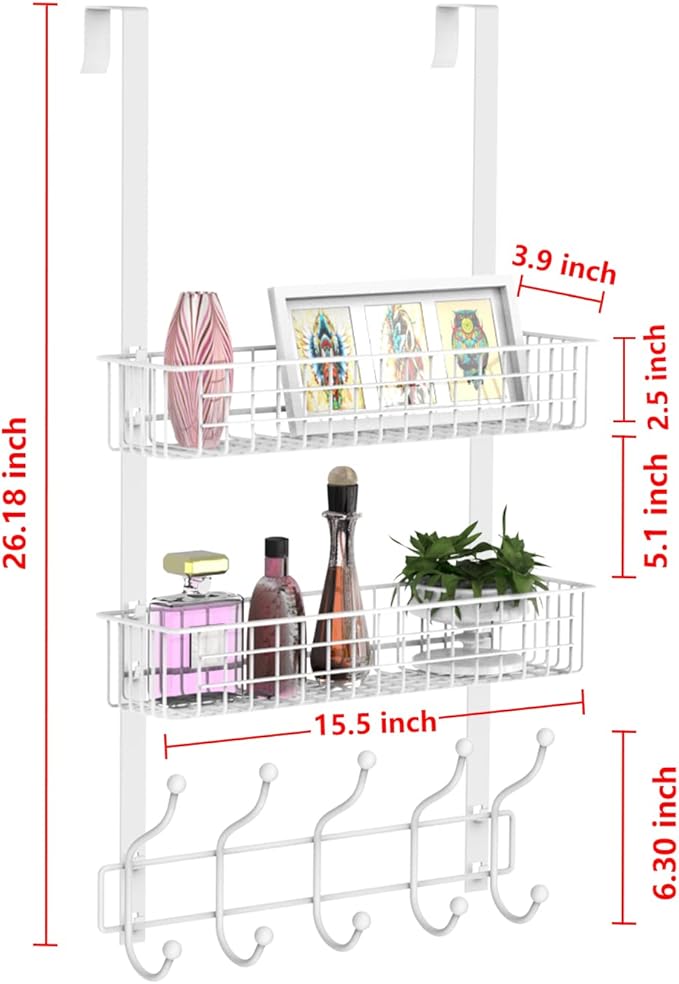 Coat Rack, Over The Door Hanger with Mesh Basket, Detachable Storage Shelf for Towels, Hats, Handbags, Coats (White-2 Baskets