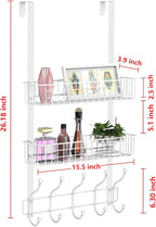Coat Rack, Over The Door Hanger with Mesh Basket, Detachable Storage Shelf for Towels, Hats, Handbags, Coats (White-2 Baskets