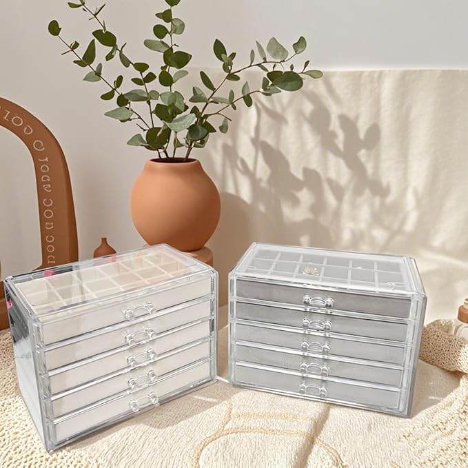 Acrylic Earring Holder Organizer with 5 Drawers Clear Earring Organizer Box with 90 Adjustable Grids Velvet Earring Display C