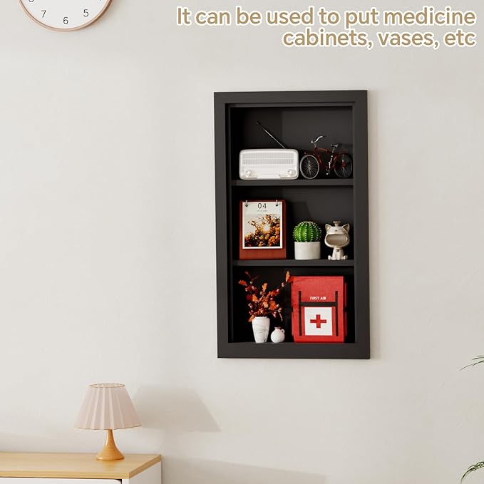Solid Wood 14 X 24 Recessed Medicine Cabinet,3-Tier, Medicine Cabinet Organizer,Wall Niche, Bathroom Wall Cabinet, Recessed B
