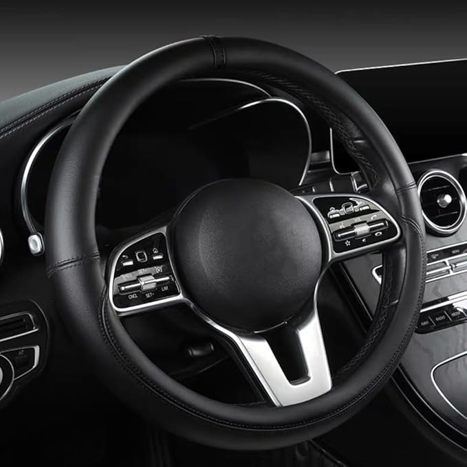 Morandi Color Steering Wheel Cover, Nappa Leather, Fashionable Sporty Style, Universal 15 inches，Black