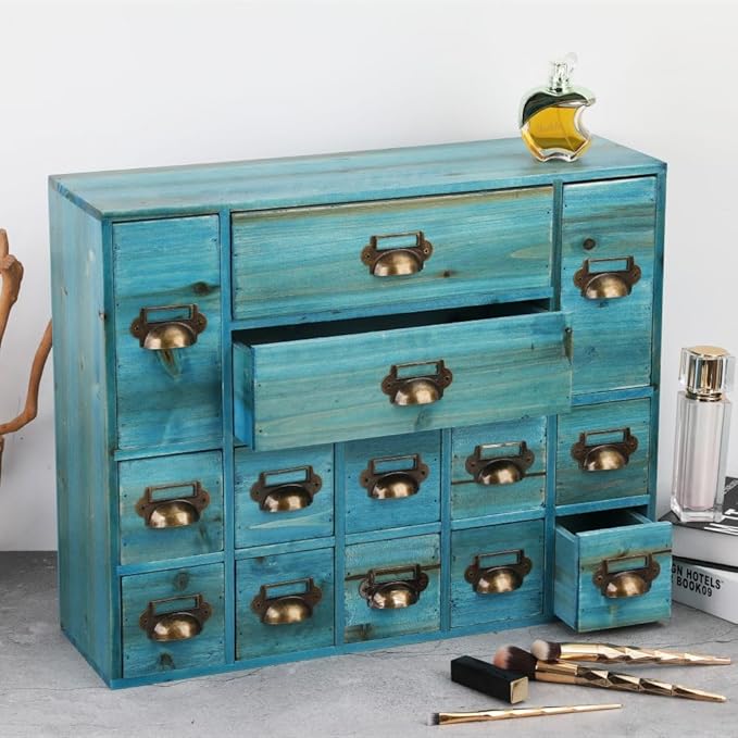 Apothecary Drawers Card Catalog Cabinet with 14 Drawers Wooden Card Catalog Wooden Storage Box for Desktop Organizer (Blue)