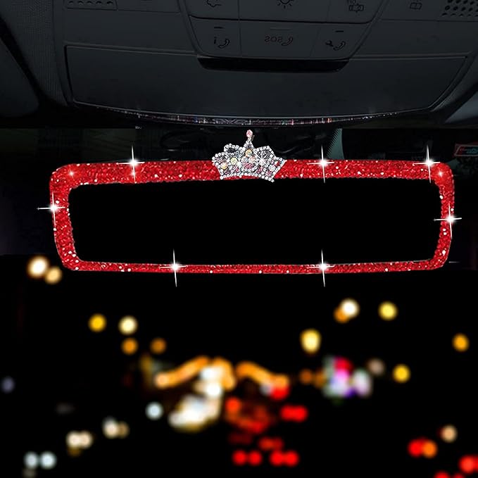 Unifizz Bling Rhinestone Rear View Mirror Cover, Car Rear View Mirror with Crystal Diamonds Bling Rhinestones Car Rear View Mirror Car Interior Trim(Red)