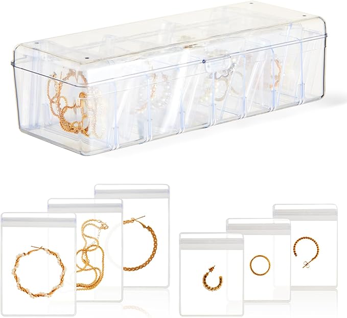 KAMJUNTAR Acrylic Jewelry Box Organizer, Clear Jewelry Organizers and Storage Box with 60 Portable Anti Tarnish Bags, Travel 
