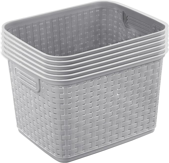 Sterilite 12-Pack Tall Weave Basket, Wicker-Style Plastic Open Storage Bin, Cement Gray - Multi-Purpose Decorative Organizer 