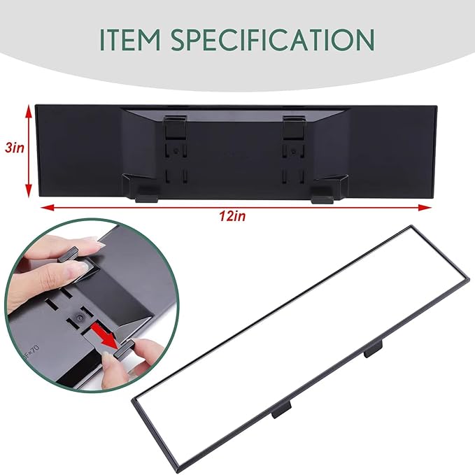 Universal Clip-on Wide Angle Mirror, Panoramic Flat HD Rearview Mirror, Anti Glare, Clear Tint, Accessories for Car SUV Trucks Vehicles (12"*3") 2-Pack