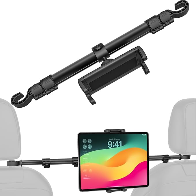 Car Headrest Tablet Holder, [Stretchable 32.67 inch Arm] Between Seat Tablet Mount for Car, Anti-Shake Backseat Phone Mount for Kids Fits iPad Pro 12.9 13 Air Mini, Galaxy Tabs, 4-13" Devices