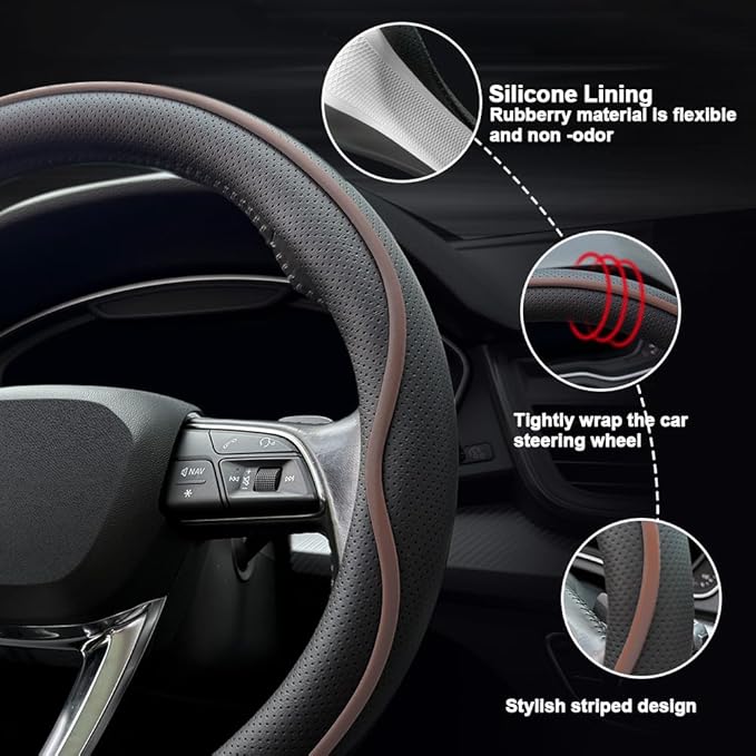 HAOTULE Leather Steering Wheel Cover， with Anti-Slip Stripe Design - Enhanced Grip, Fashion Style, Safe, Non-Slip, Breathable