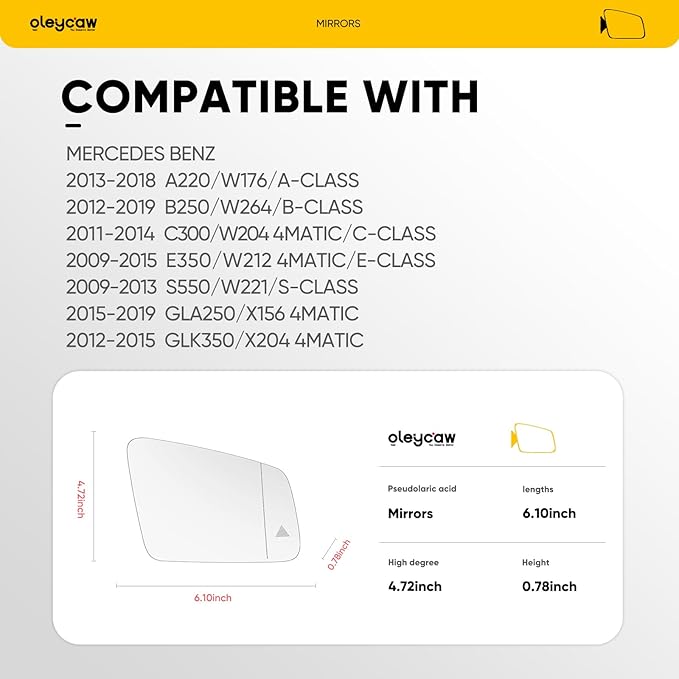 Passenger Side Blind Spot Mirror Compatible with Mercedes Benz A220 W176, B250 W264, C300 W204, E350 W212, S550 W221, GLA250 X156, GLK350 X204, Mercedes Benz A B C E S Class GLA GLK, Right Side