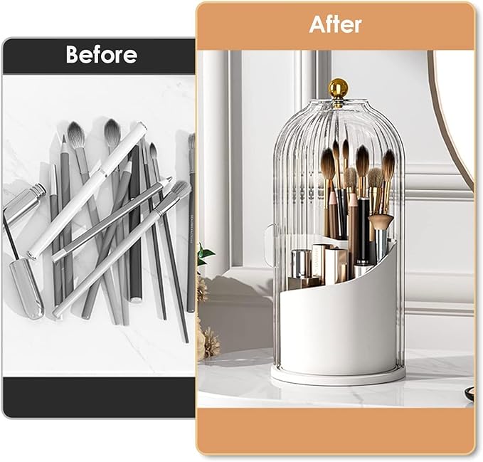 Makeup Organizer Vanity 360 Rotating Makeup Brush Holder Organizer with Lid Clear Makeup Brushes Organizer for Vanity Desktop