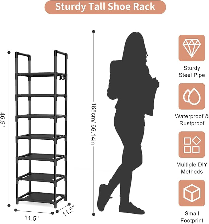 LANTEFUL Tall Shoe Rack 7 Tier Narrow Shoe Shelf Storage for 7-14 Pairs Shoe and Boot, Sturdy Shoe Storage Space Saving Corne