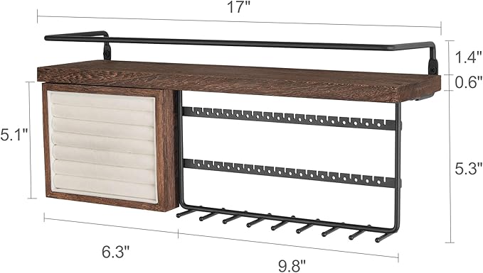 Mkono Hanging Jewelry Organizer Wall Mounted Jewelry Organizer Necklace Holder with Rustic Wood Shelf, Ring Display Box, Ear 