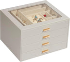 Jewelry Box with Glass Lid, 4-Layer Jewelry Organizer for Women Girls, PU Leather Display Case with 20-Grid Earring Tray & Mo