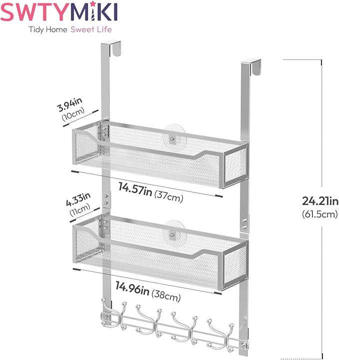 SWTYMIKI Over The Door Hook with 16 Hooks & 2 Mesh Baskets - Heavy Duty Over The Door Organizer Hanger for Towels, Coats, Clo