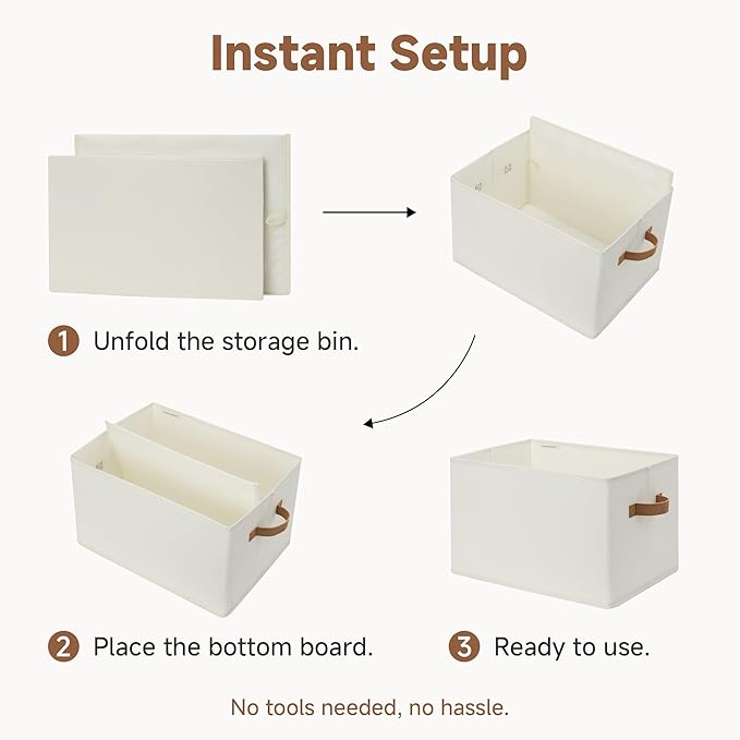 StorageWorks Foldable Storage Bins with PU Handles, Closet Storage Baskets, Fabric Bins for Clothes Storage, Ivory White, 3-P