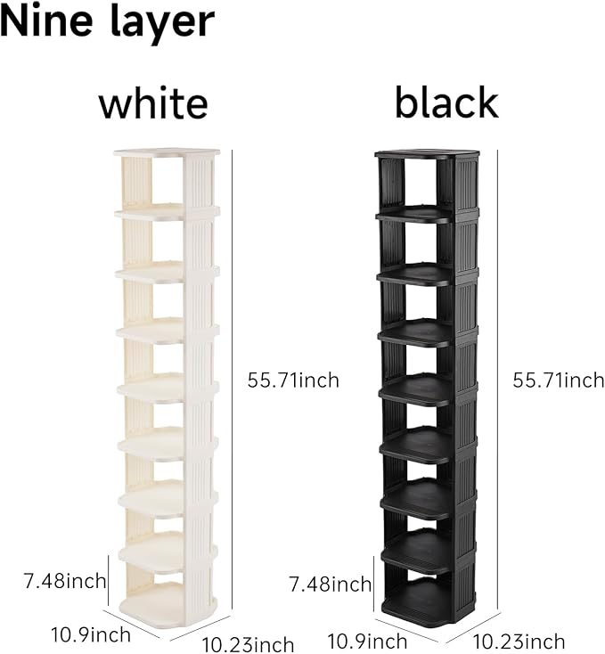 Vertical Shoe Rack, 9-Tier Plastic Stackable Storage Shelf for Small Closets and Narrow Spaces, Compact Free Standing Shoe Ra