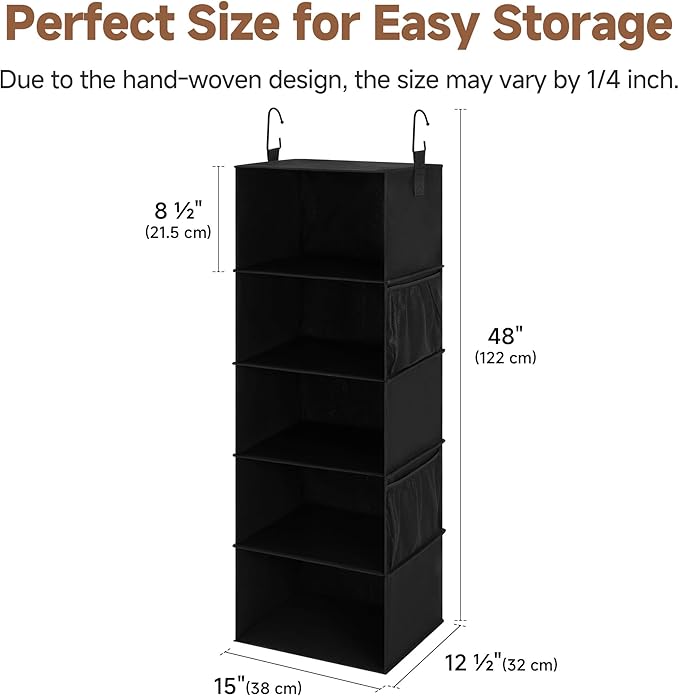 StorageWorks 5-Shelf Hanging Closet Organizers, Foldable Closet Storage Organizer with 2 Side Pockets, Portable Hanging Shelv